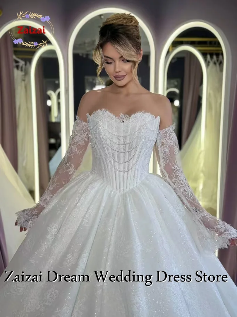 Фото Изысканные свадебные платья на заказ с жемчугом, свадебное платье Vestido De Noiva больших размеров с длинными рукавами, официальный магазин AmandaNovias №2