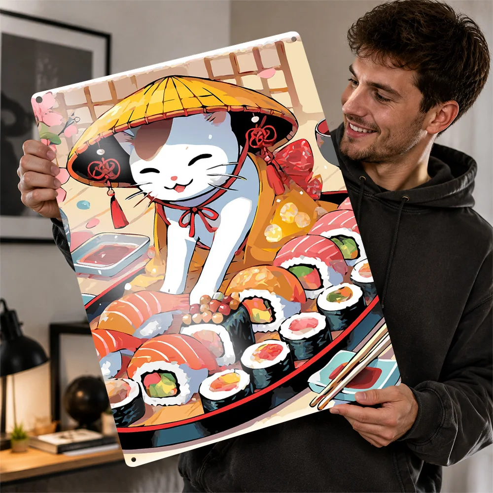 Фото Постер с 3D-текстурой Sushi Cat Neko, персонализированное настенное искусство, ретро-металлические таблички для декора комнаты, аксессуары для спальни №1