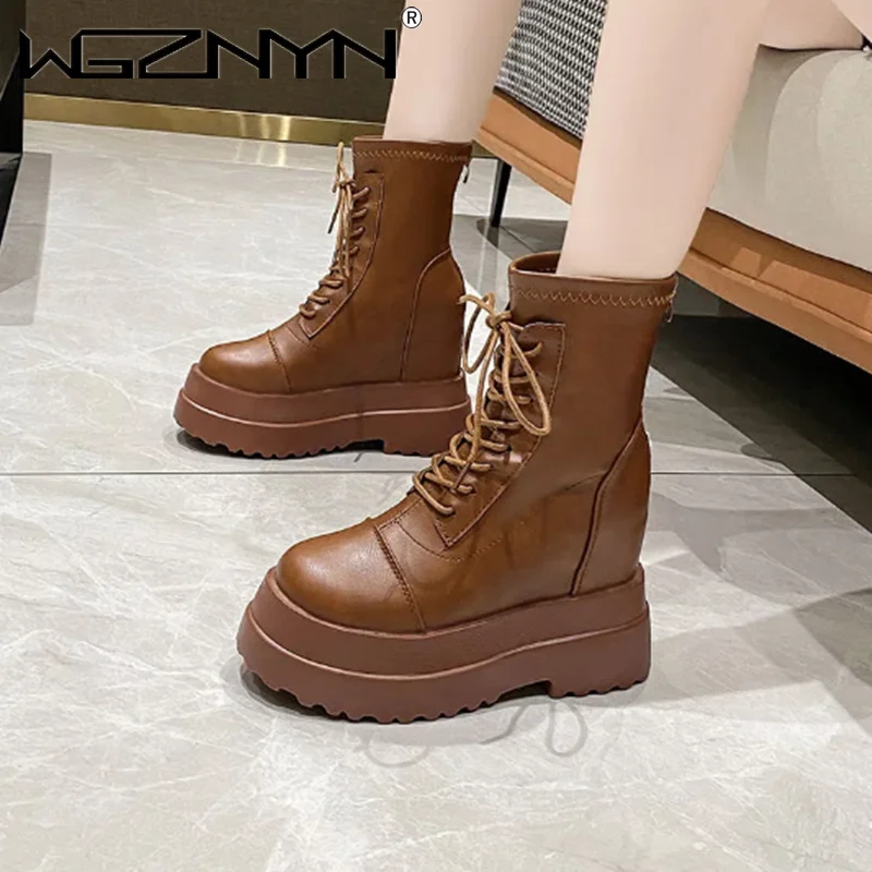 

10 CM Heels Boots Super High Heel Waterproof Platform Women's Boots Increase Within Thick-Sole Wedges Ankle Fashion Short Botas