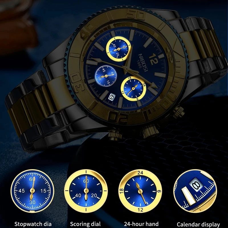 NIBOSI брендовые спортивные мужские часы из нержавеющей стали с хронографом