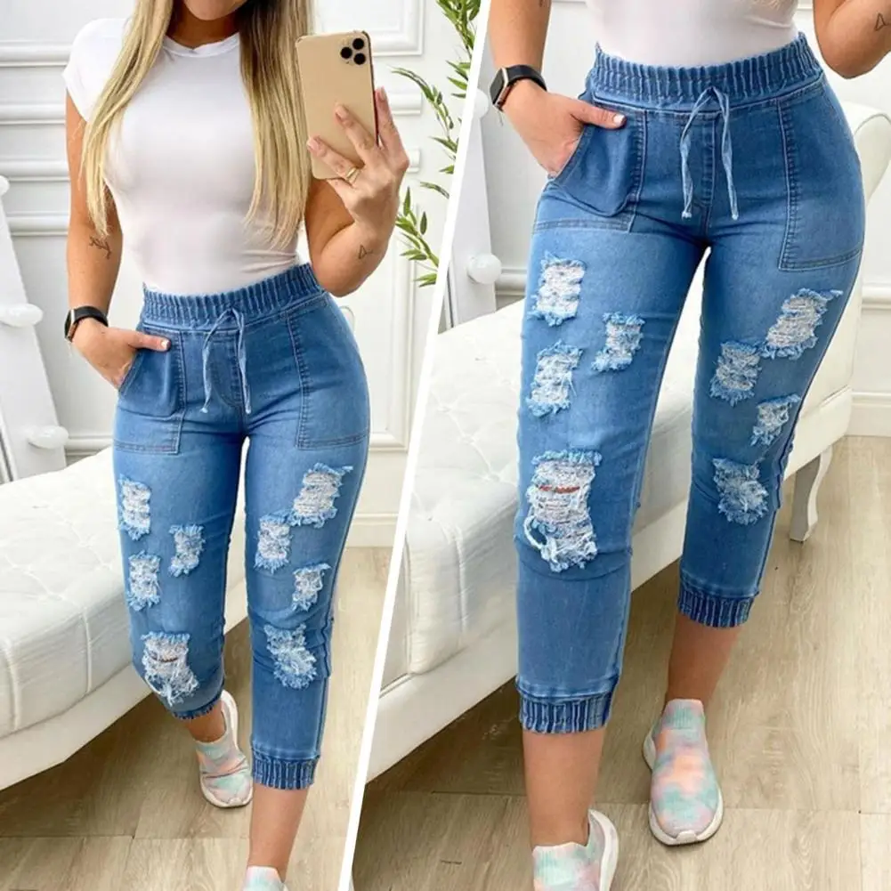 

Women Solid Casual Elastic Waist Ripped Pocket Tape Skinny Denim Capris Jeans Dropshipping
