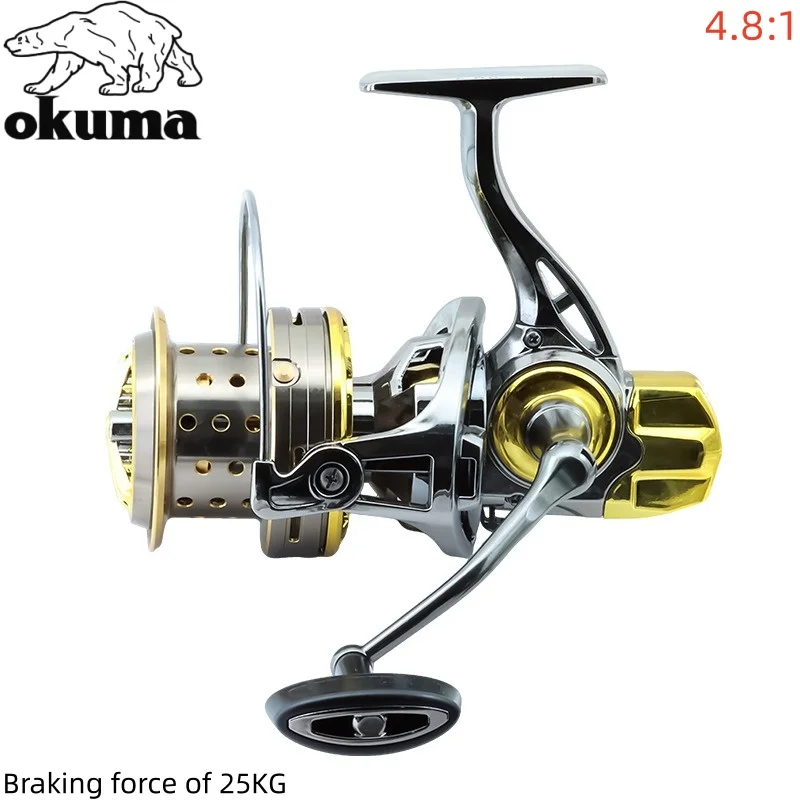 Фото Рыболовная катушка OKUMA 8000-14000, металлическое колесо для дальнего заброса, направляющая стержня, рыболовное колесо, 25-30 кг, тормозная рыбалка №4