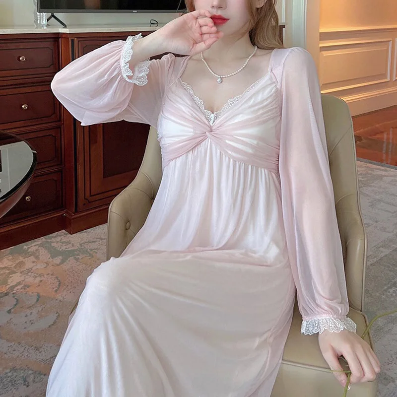 

Французская пикантная Ночная рубашка в дворцовом стиле, Женская длинная ночная рубашка, весенне-летняя одежда для сна, одежда для отдыха, повседневная сетчатая домашняя одежда