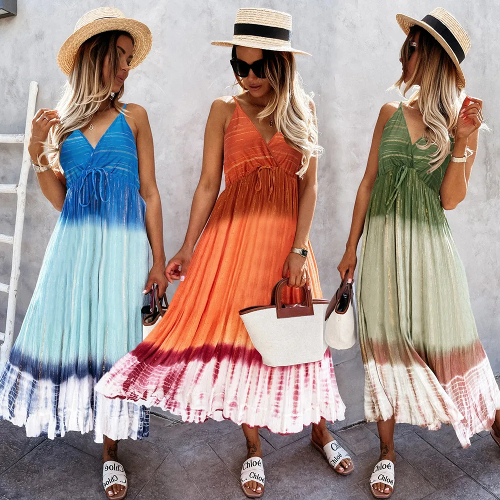 

2022 vacation outfits summer beach new tie-dye suspender skirt Western style slim temperament gradient dress feminine feeling