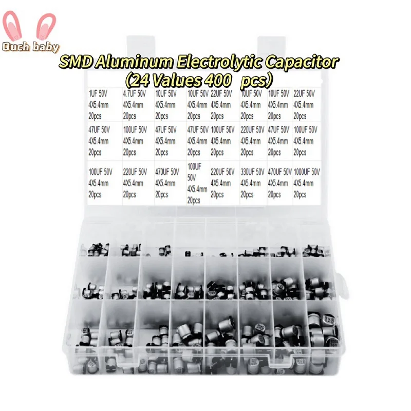 Набор алюминиевых электролитических конденсаторов SMD 400 шт. 24 значения 1 мкФ-1000