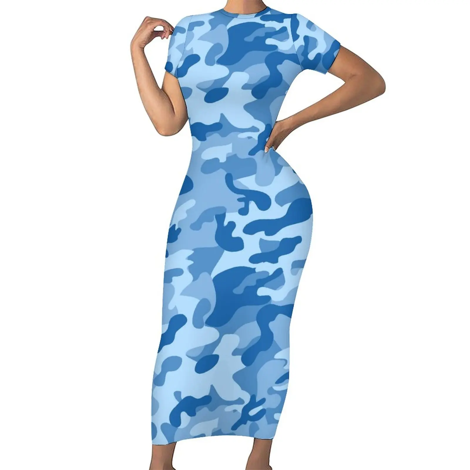 

Blue Camouflage Bodycon Dress Spring Navy Camo Design Modern Maxi Dresses Women Short Sleeve Pattern Street Style Dress Big Size