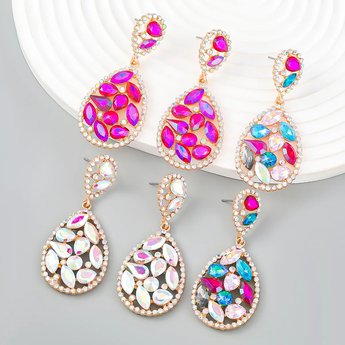 

Big Statement Full Shiny Crystals Water Drop Fuchsia CZ Women Wedding Luxury Boho Earring Accessories