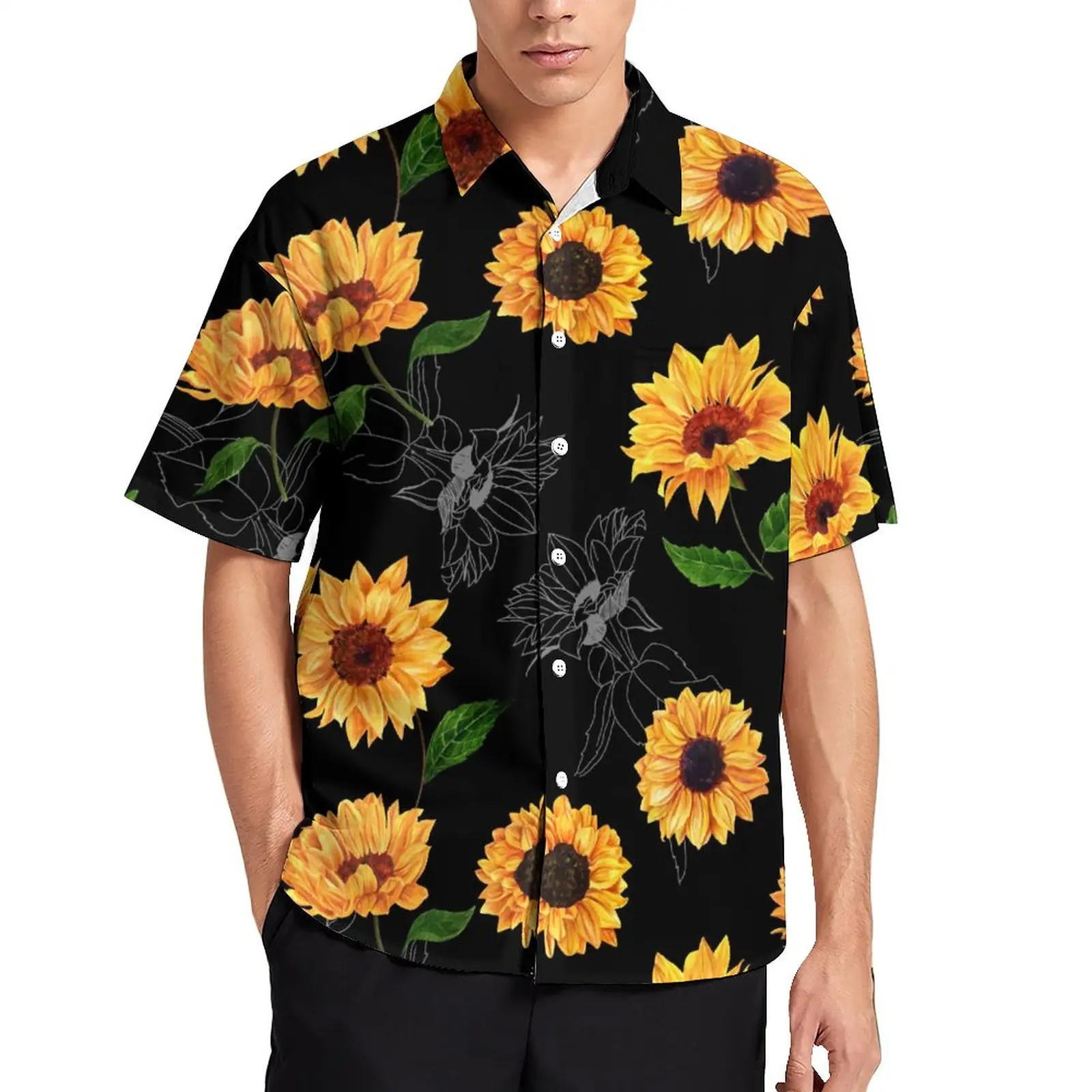 

Watercolor Sunflower Blouses Mens Yellow Flower Print Casual Shirts Hawaiian Short-Sleeve Pattern Fashion Oversized Beach Shirt