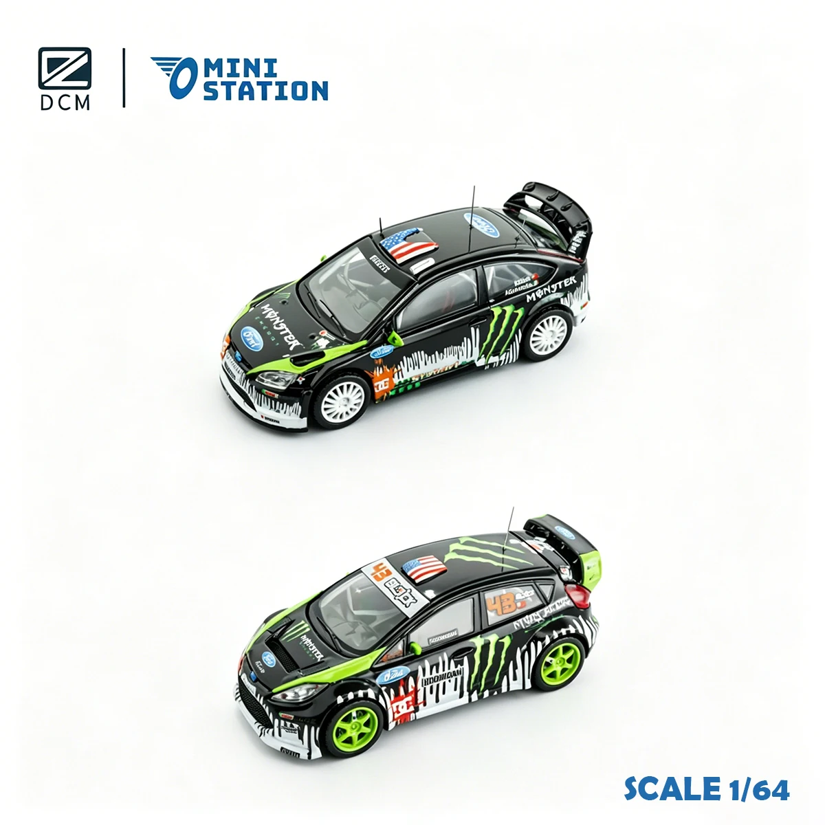 Фото DCM × Mini Station 1:64 Ken Block Rally Set Ford Focus/Fiesta Energy Drink Themed Livery, коллекционная модель автомобиля из литого металла, в наличии №1