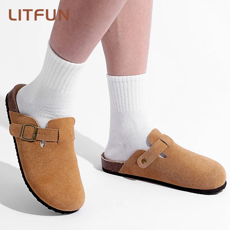 Litfun Boston Clogs Sandals Women 2023 Fashion Suede Mules Slipper Cork Insole Sandals With Arch Support Outdoor Evening Sandals