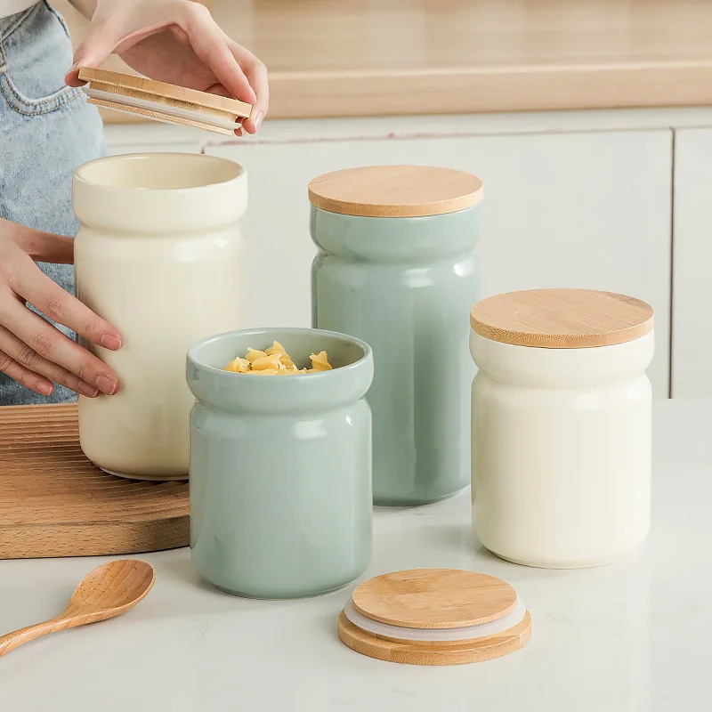 

Ceramic Storage Jars With Wooden Lids Tea Coffee Candy Canisters Kitchen Supplies Container Tea Pot Grain Organizer 700ML 1100ML