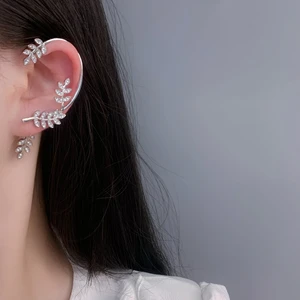 Luxury High-end Full Diamond Leaf Earrings Female Detachable Two-wear Gold Branch Jade Leaf Earrings Niche Design Earrings
