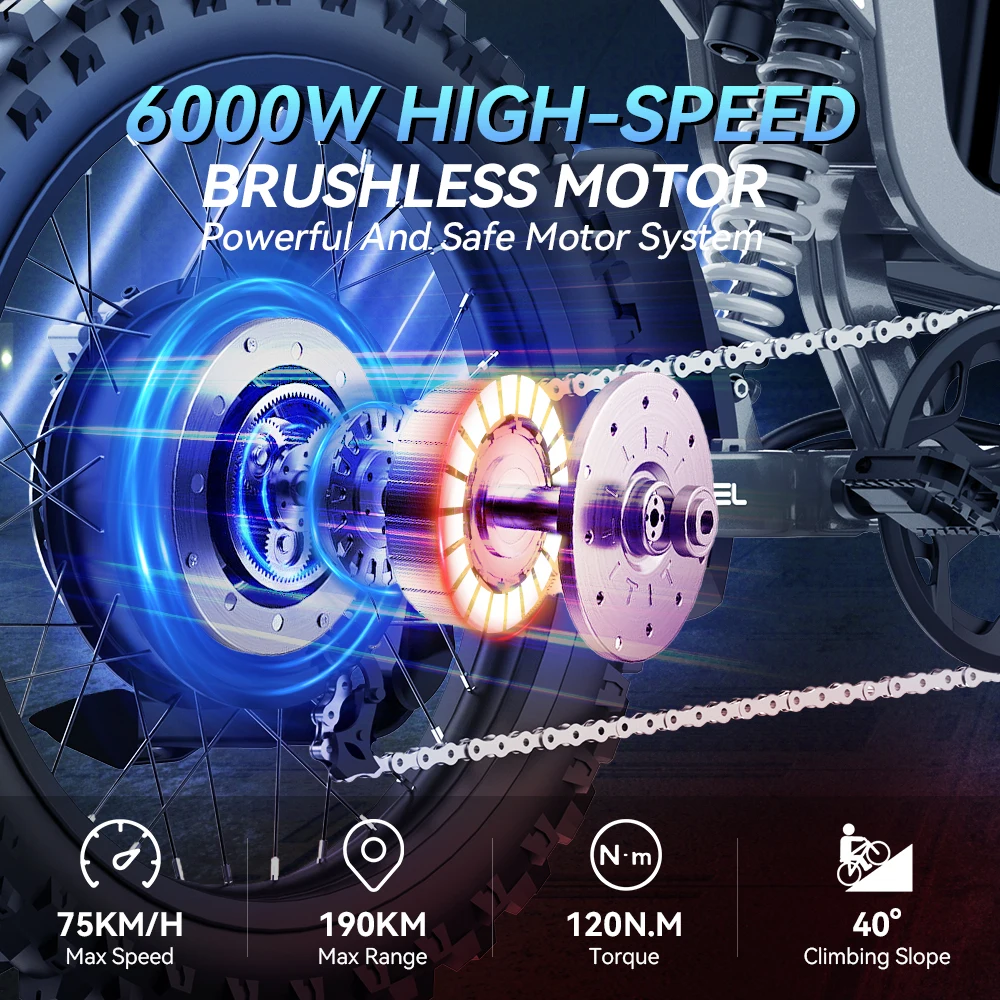 Фото Электрический кроссовый мотоцикл Readygo COSWHEEL R19, 6000 Вт, высокая мощность, аккумулятор 72В40Ач, для взрослых, скорость 85 км/ч, горный электровелосипед для бездорожья, литиевый №2