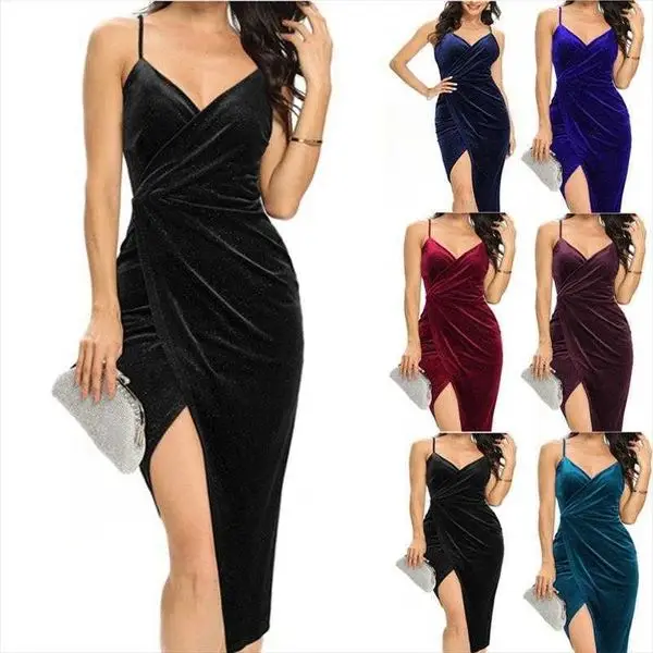 

Womens Pleuche Spaghetti-strap Mid-length Dress Split Bronzing Sexy Nightclub