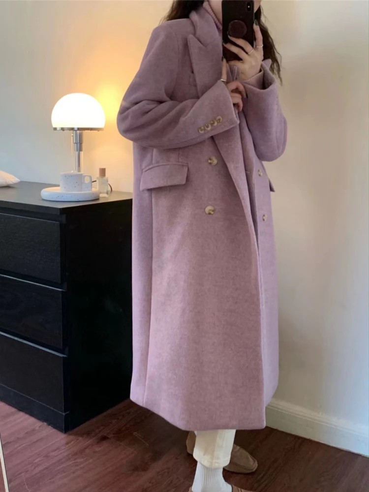 

Женское длинное пальто, свободное двубортное шерстяное пальто средней длины с воротником-костюмом, зима 2023
