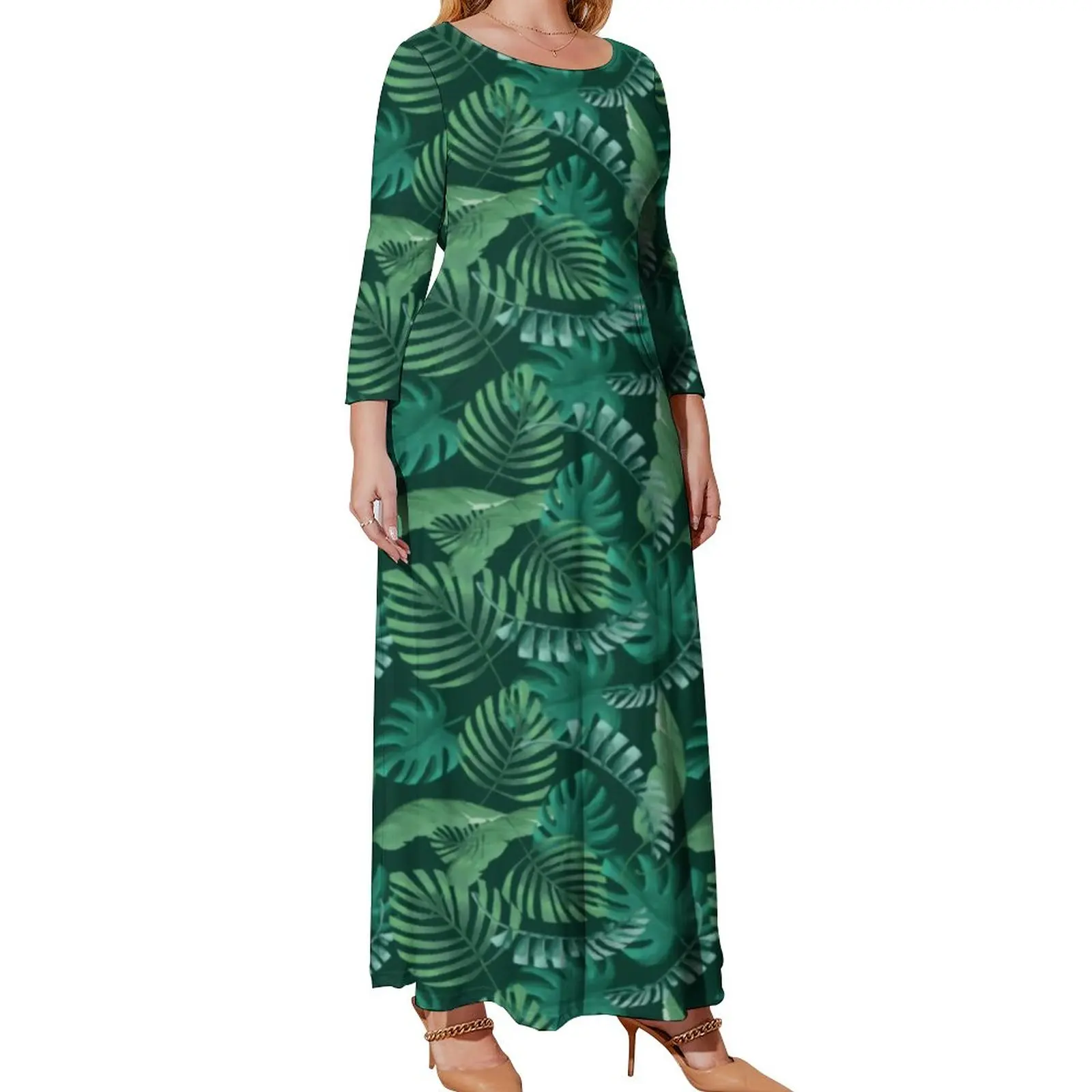 Tropical Leaf Print Dress Plus Size Palm Leaves Graphic Maxi Dress Long-Sleeve Street Wear Bohemia Long Dresses Birthday Gift