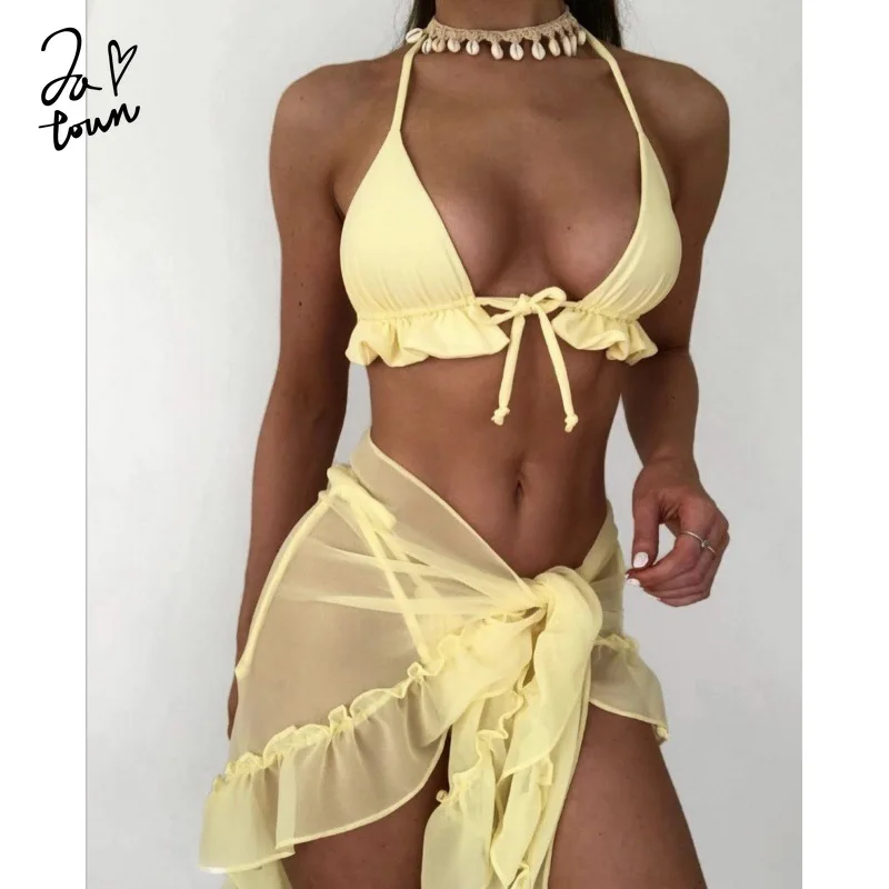 

Three Piece Women Bikini Set Ruffle Bandage Halter See-through Cover Up Beach Wear Soild Vintage Swimsuit Mesh Skirt Bikinis Set