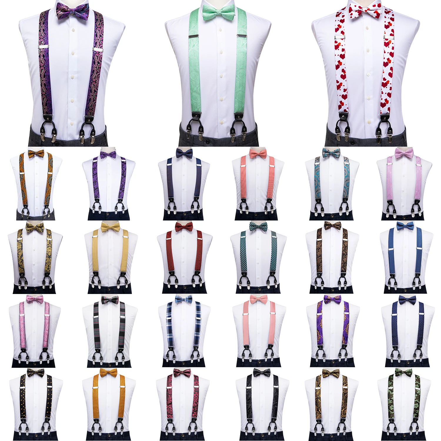 

High Quality Silk Mens Braces Bowtie Hanky Cufflinks Set Y Back Clip On Adjustable Suspender Bow Tie Wedding Business Daily Gift
