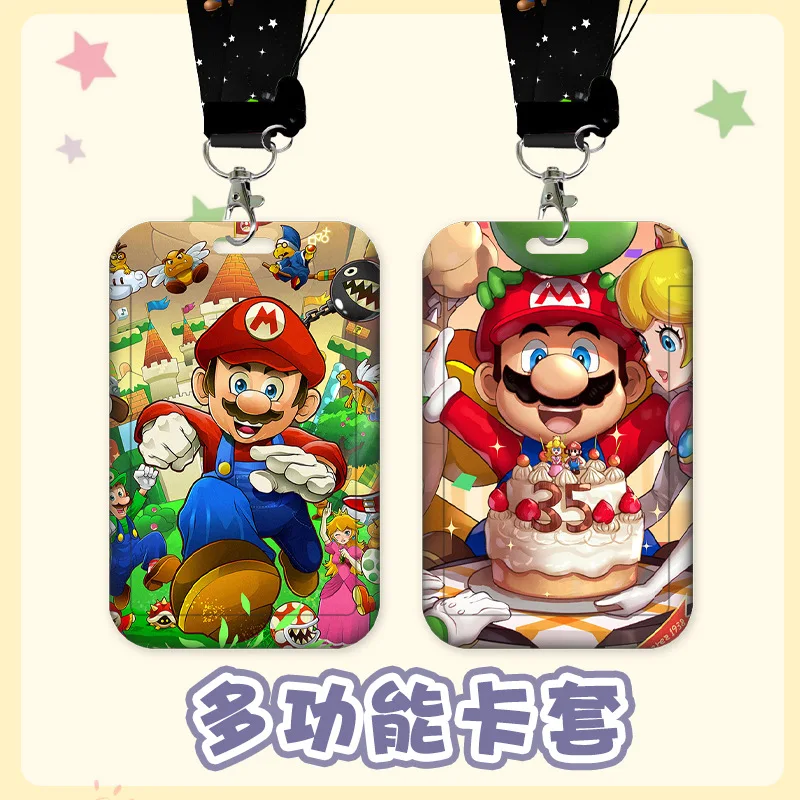 

Super Mario Anime Figure Princess Peach Luigi ABS Slider Card Holder Campus Card Holder with Lanyard ID Holder Birthday Gifts