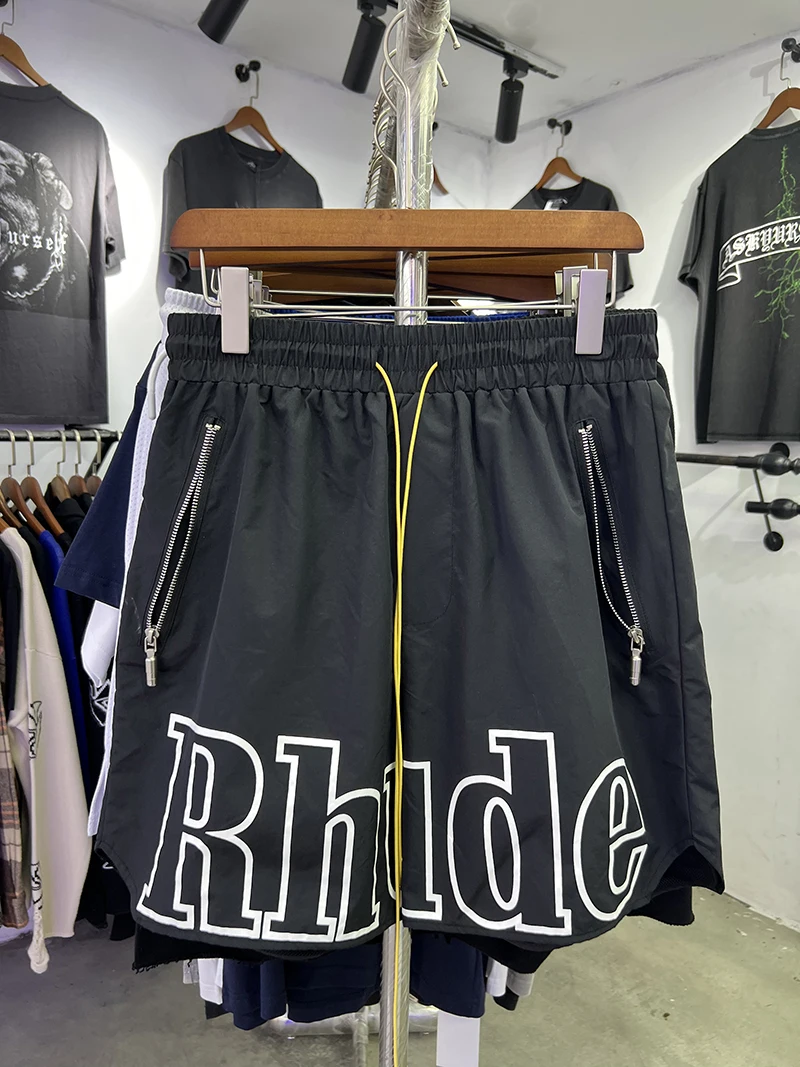 

New York Limited Black Big Logo RHUDE Shorts Men Women Best Quality Oversize Drawstring Breeches Inside Mesh