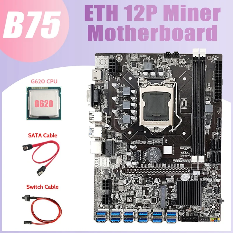 B75 ETH Mining Motherboard+G620 CPU+Switch Cable+SATA Cable LGA1155 12 PCIE To USB MSATA DDR3 B75 USB BTC Motherboard