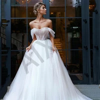 modern wedding dresses pearls bow belt pleat vestidos de novia ball off the shoulder woman luxury robe de mariee illusion