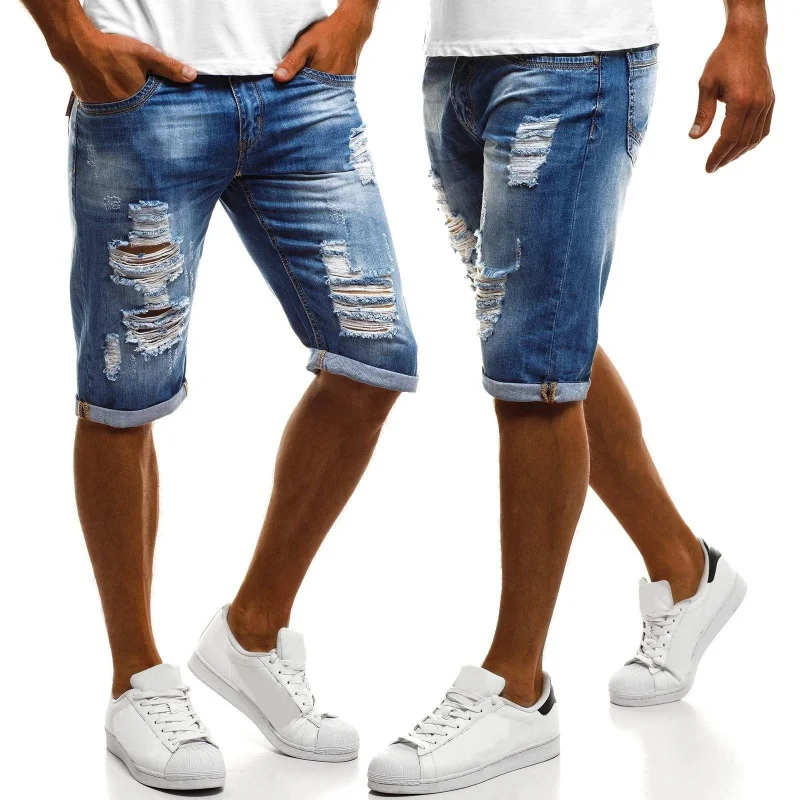 Men's New Jeans Flanging White Ripped Straight Fifth Pants Fashion Trendy Men's Jeans