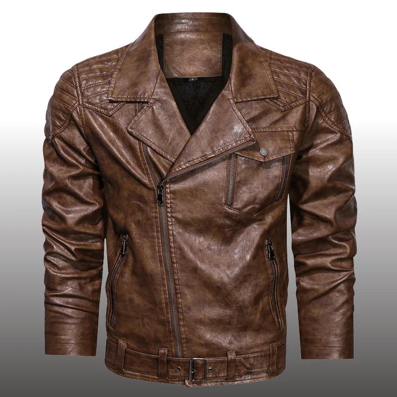 Men's Winter Thick Fleece Fuax Leather Jacket Fashion Motorcycle PU Leather Jacket Cool Zipper Pockets Outwear Coats