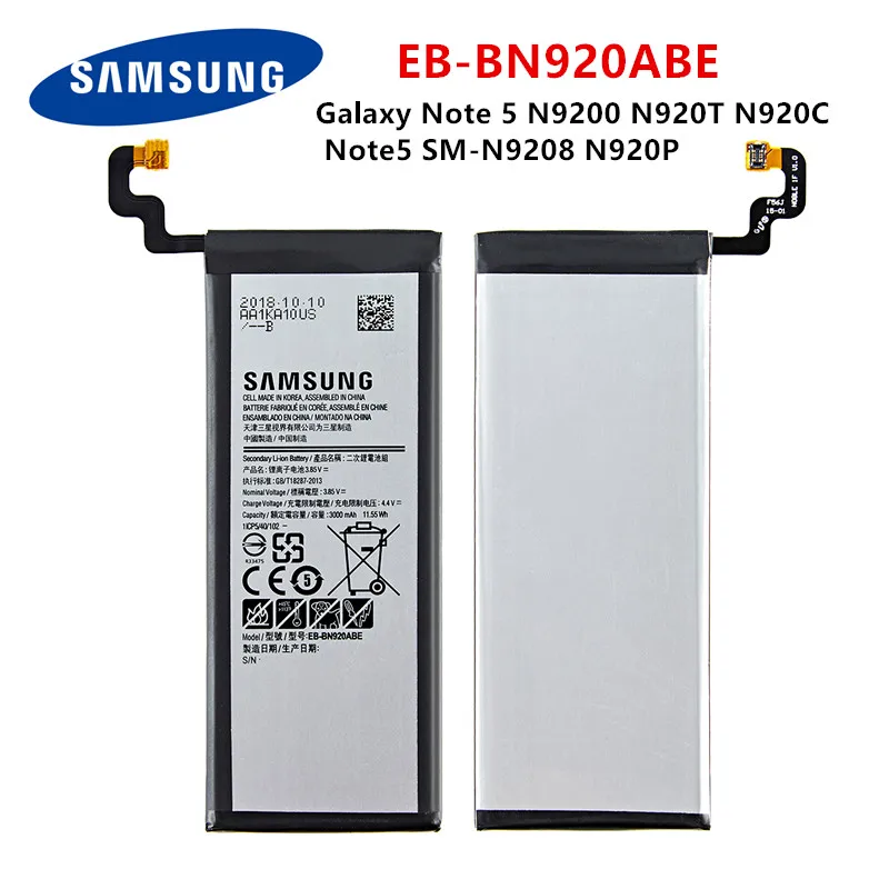 SAMSUNG Orginal EB-BN920ABE 3000mAh Battery For Samsung Galaxy Note 5 N9200 N920T N920C N920P Note5 SM-N9208 Mobile Phone