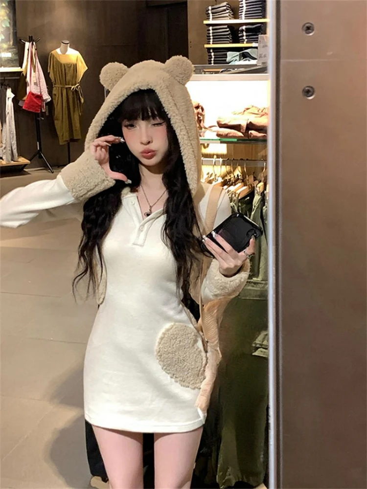 Женское платье Kawaii с милыми медвежьими ушками и капюшоном Y2k Эстетическая туника