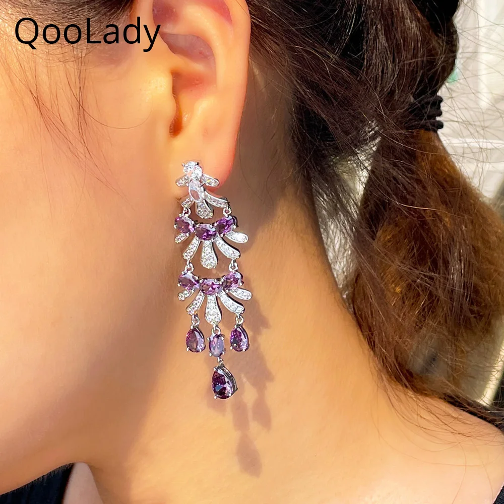 

QooLady Graceful Long White Purple Cubic Zirconia Dangling Leaf and Water Drop Earrings for Women Ethnic Jewelry Accessory E251