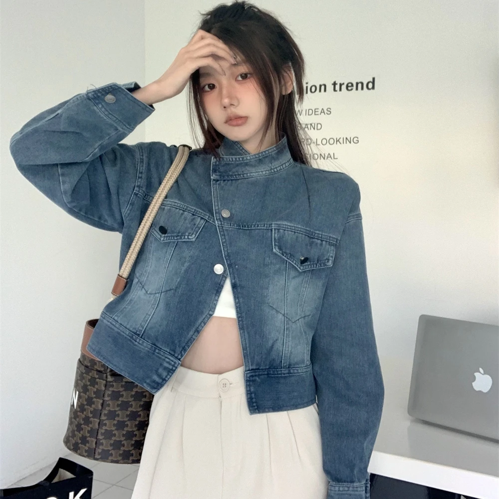 

2023 Spring New Women's Denim Jacket Retro Fashion Versatile Irregular Long-Sleeved Round Neck Loose Coat Free Shipping