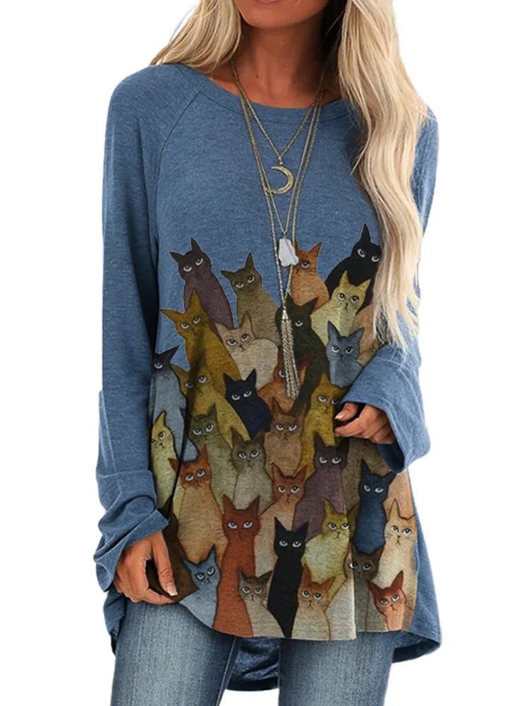 

2022 Autumn and Winter Cute Cat Long Sleeve T-shirt Portrait Retro Women's T-Shirt Large Blusas Street Dress Harajuku Women's Dr