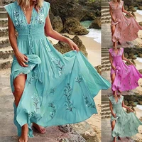 long dress large hem women skin friendly sleeveless floral print high waist dress maxi dress for beach