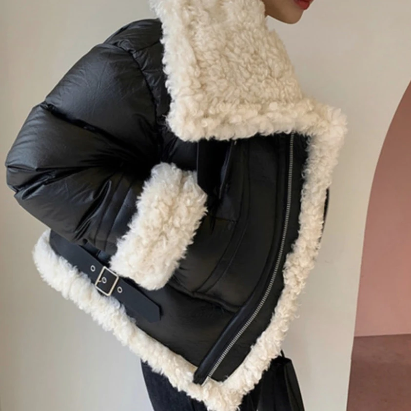 Women Fashion Lapel Lambswool Coat Short Jacket Winter Elegant Female Fleece Warm Thick Chic Down Jacket Puffer Jacket Outerwear enlarge