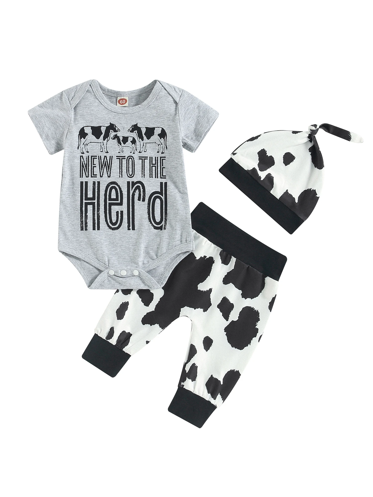 

Winkinlin Infant Baby 3Pcs Summer Outfits Short Sleeve Romper Cow Print Pants Knot Hat Set Newborn Clothes