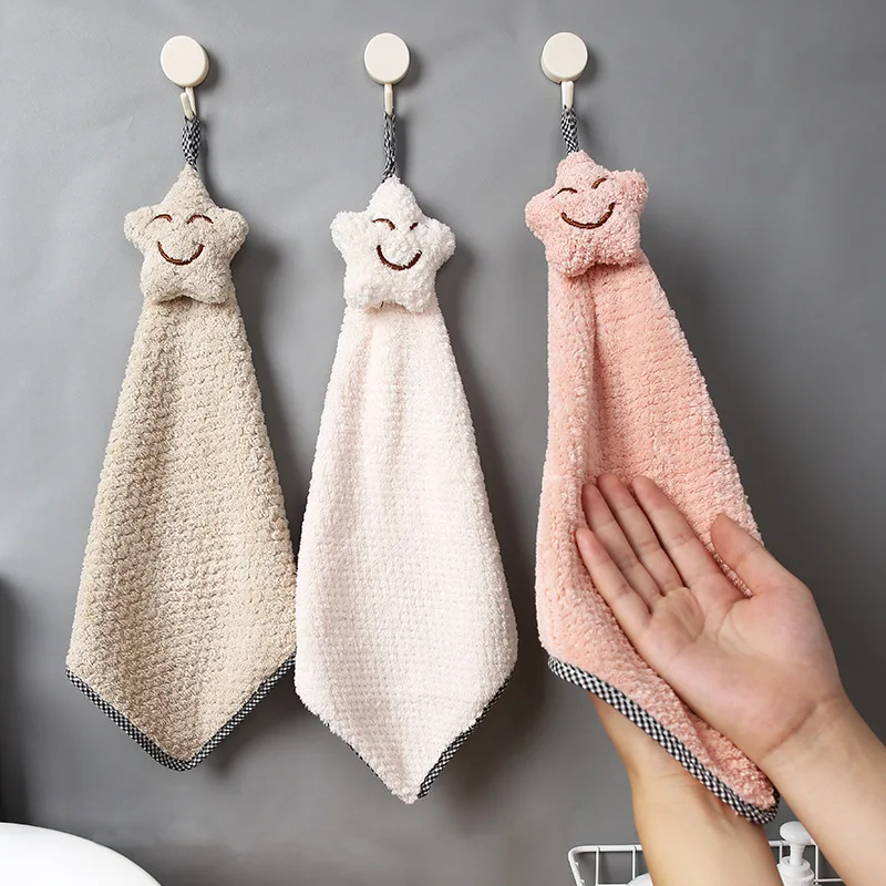 

1PC 40*28CM Coral Velvet Smiley Hand Towels Bathroom Hanging Towel Lint-Free Cleaning Cloth Cleaner Kitchen Absorbent Dishcloth