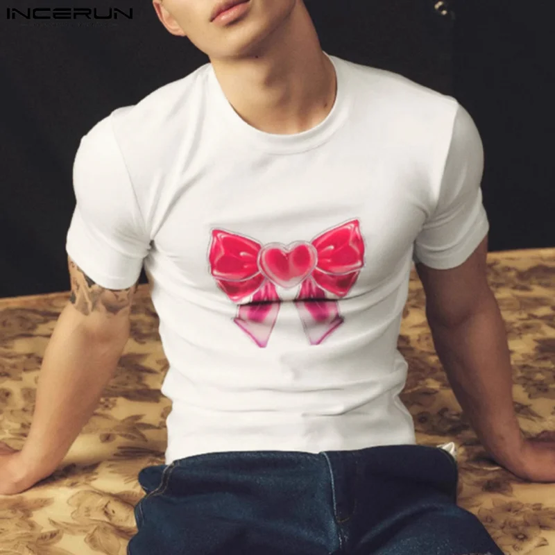 Футболка INCERUN мужская с забавным бантом модный топ в Корейском стиле