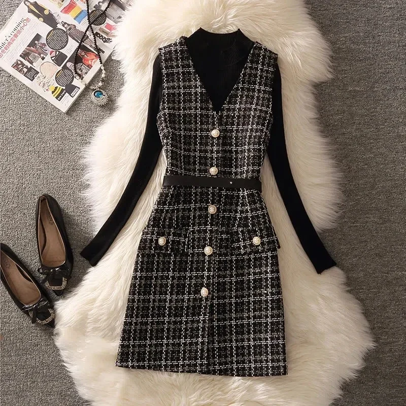 

Vintage Plaid Tweed Dress Suit Elegant V Neck Belted Vest Pearl Button Mini A-Line Tank Dresses And Knit Sweater 2 Piece Sets