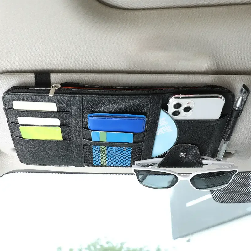 

Car Sunshade Storage Multifunctional Business Leather Bag Sunshade Cover Card Holder Drivers License Document Sunglasses Clip