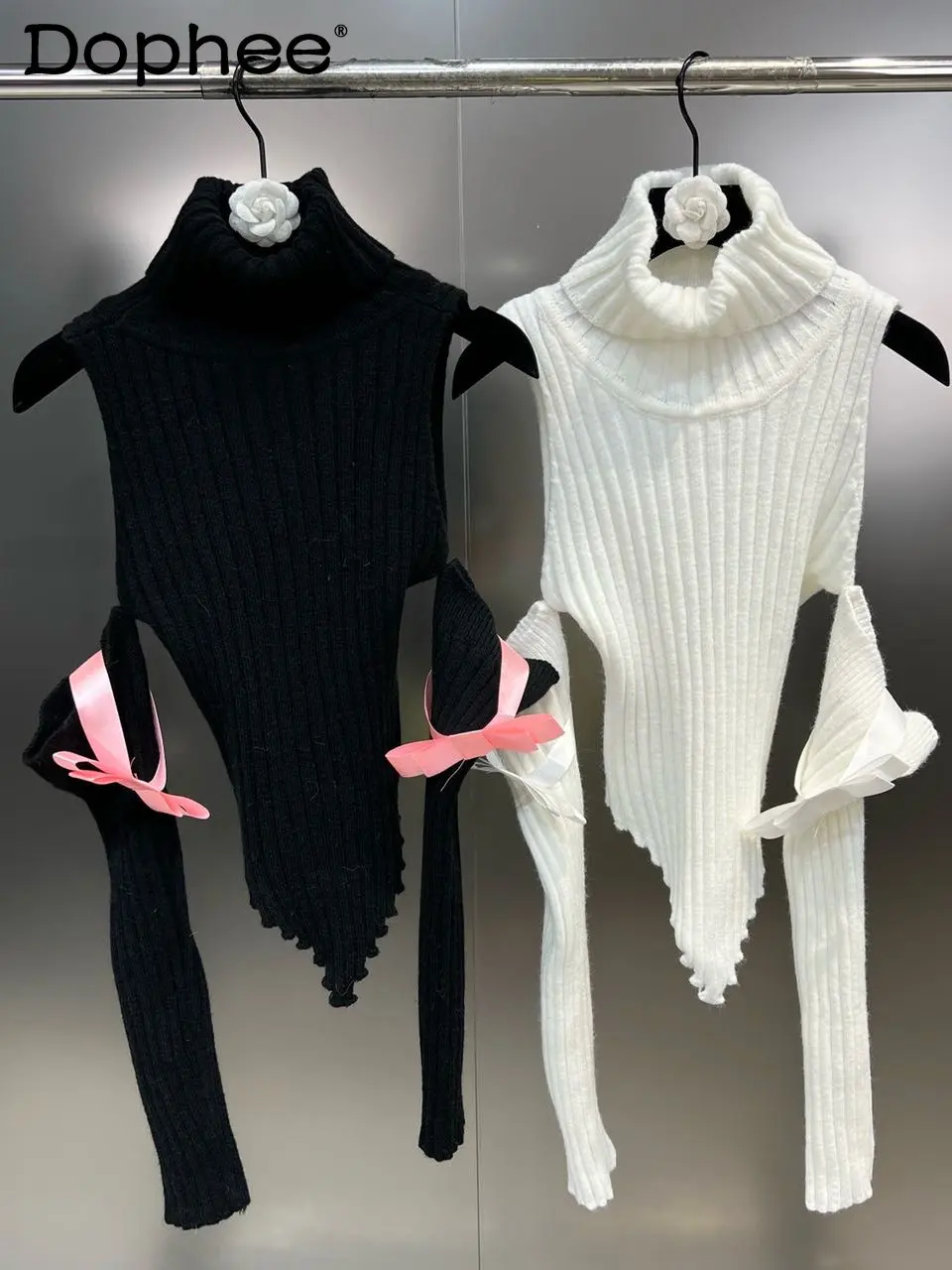 

2023 Spring Autumn Off-Shoulder Long Sleeve Bow Slimming High Collar Sweater Women Sweet Cool Hot Girl Slim Black White Sweater