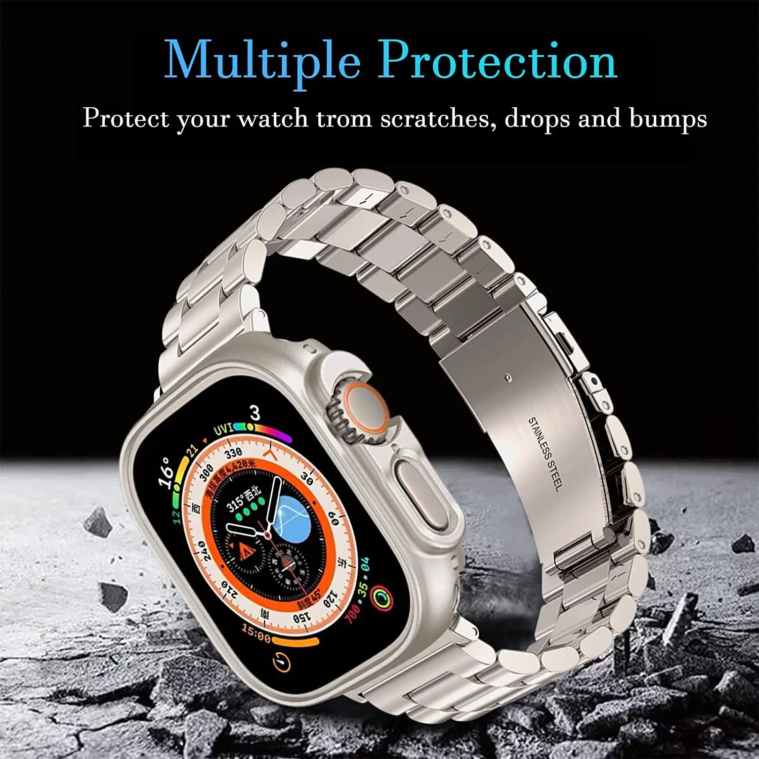 Link Bracelet for Apple Watch Ultra 49mm Band and Case Stainless Steel Metal Strap + PC Cover for iWatch Ultra 49 mm Accessories