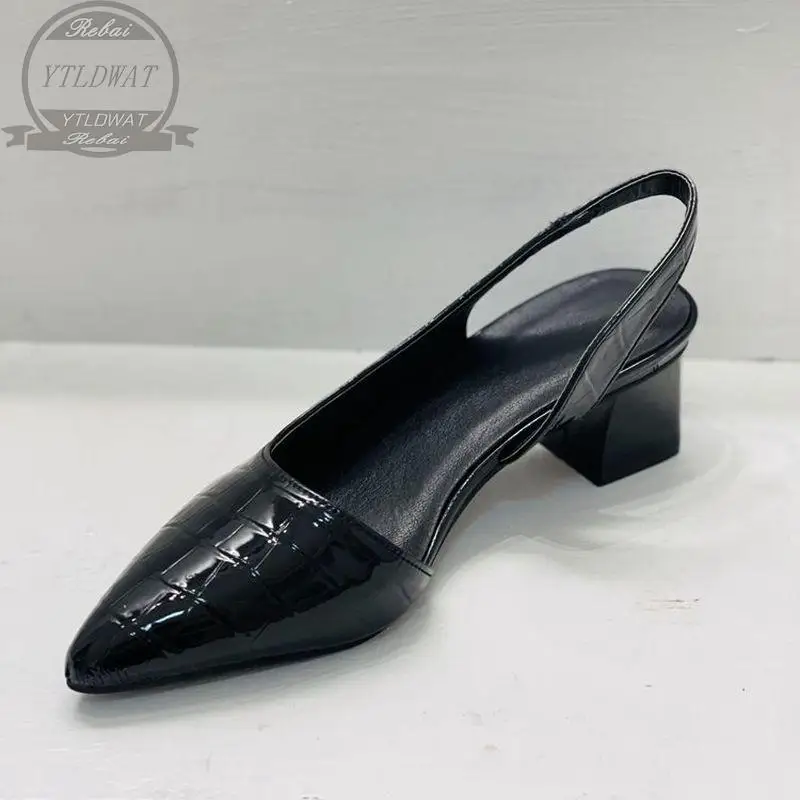 

2021 Genuien Leather Vintage Pointed Toe Women Shoes Pumps Spring Summer Party Dancing Slingback Heel Sandals Sadalias Femininas