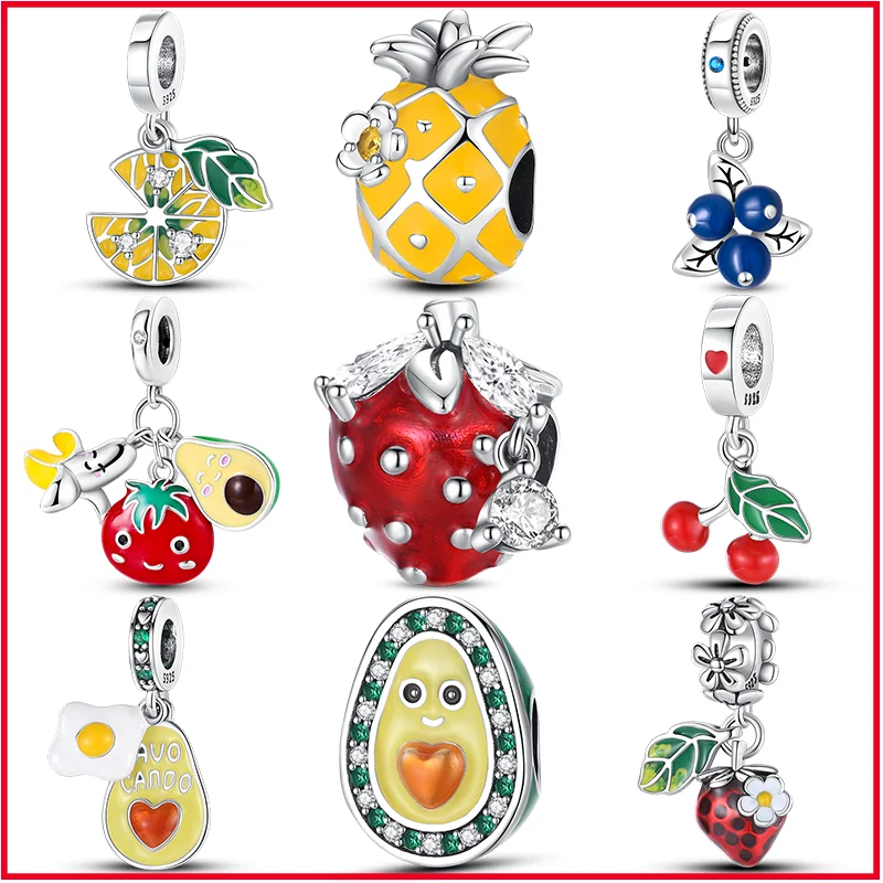

S925 Sterling Silver Pineapple Strawberry Cherry Fruit Series Beads Fit Pandora Bracelet DIY Pendant Woman Jewelry 2023 Hot Sale