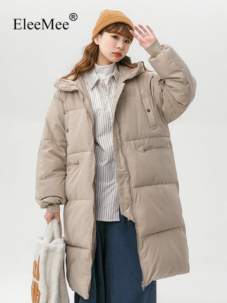 

EleeMee Size M-3Xl 2023 Winter Jacket For Women Solid Color Hooded Overcoat Warm Long Coat Loose Thick Female Outwear