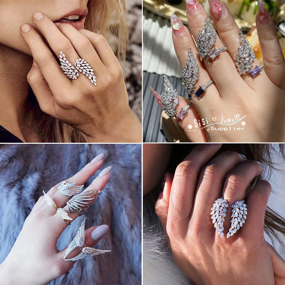 

Fashion Luxury Cubic Zirconia Wings Feather Engagement Band Rings for Women Crystal Wedding Ring Adjustable Party Jewelry Gift