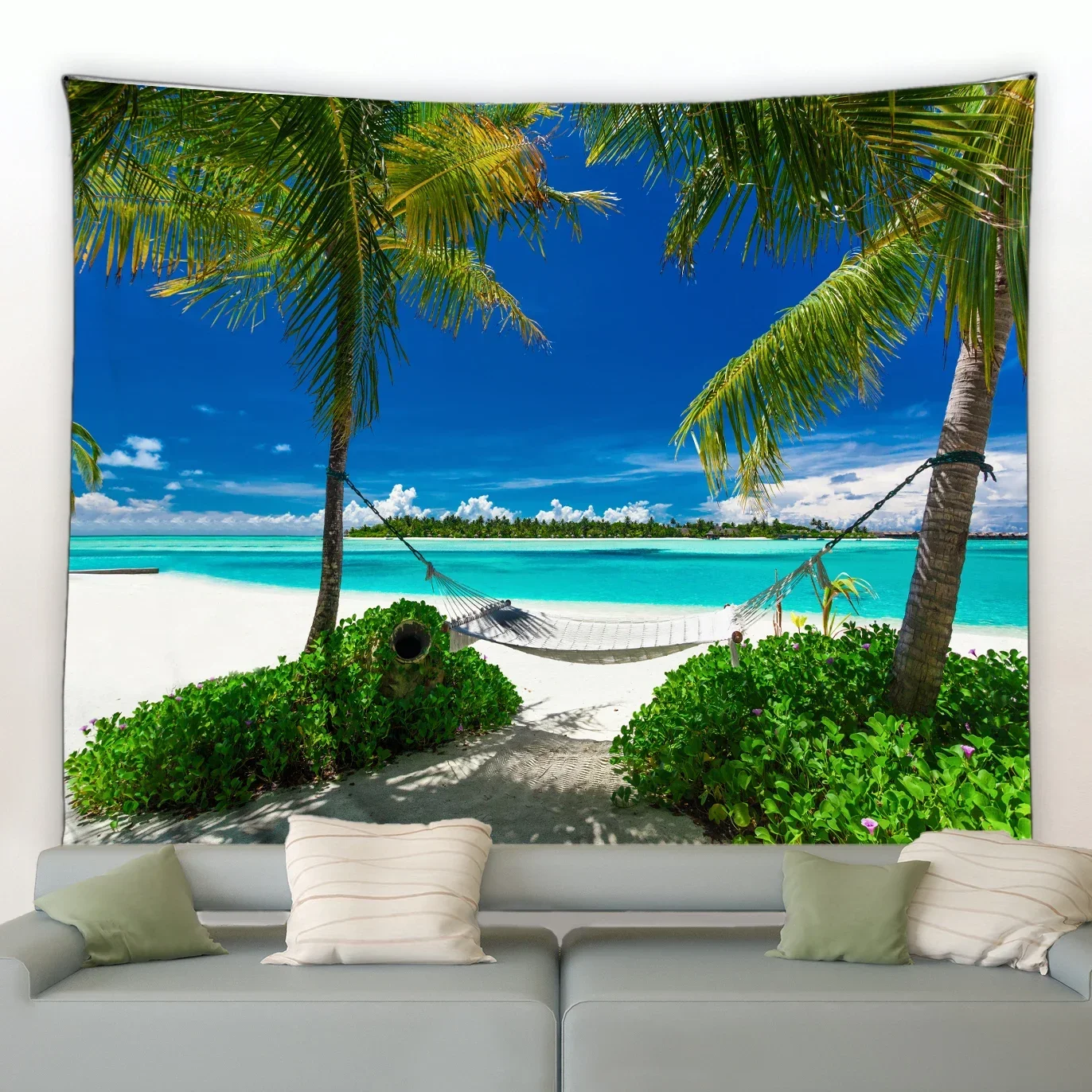 Декор комнаты Эстетический гобелен Пляж Зеленое растение Дерево Океан Пальмовый