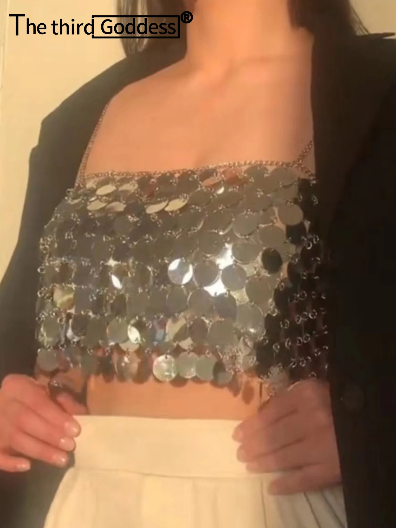 

Sexy see through metal sequin crop top women summer glitter halter club party tank top cropped womens tops hotwife rave outfits