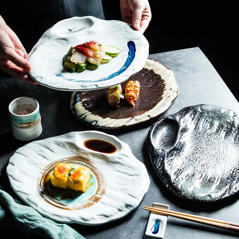 

With Vinegar Plate, Ceramic Dumpling Plate, Dim Sum Sushi Dipping Plate, Large Creative and Style Compartment Plate