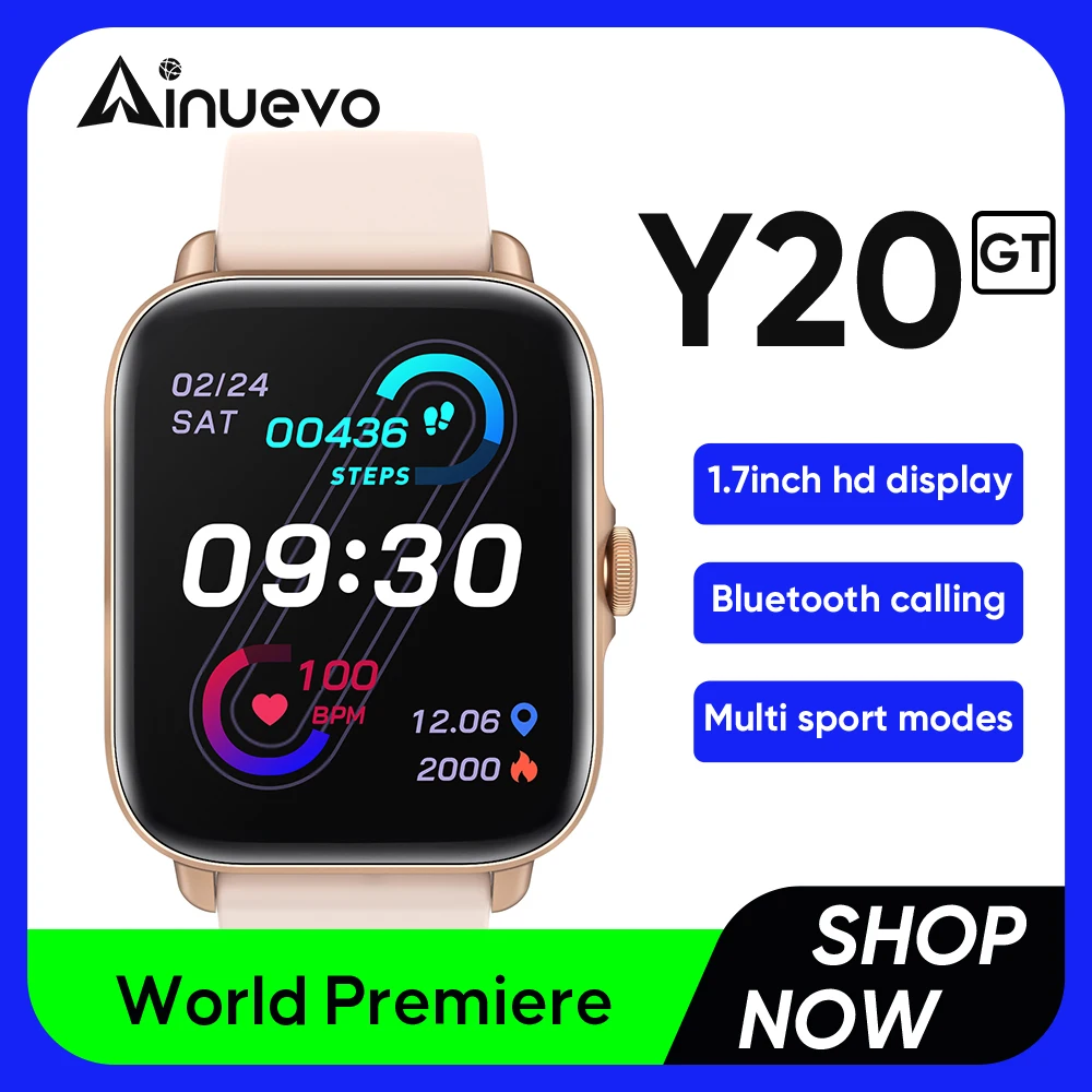 

Smart Watch Ainuevo Y20GT Gold 1.7"HD Display Bluetooth Call Heart Rate Waterproof IP67 Fitness Tracker Sport Mode For Men Women